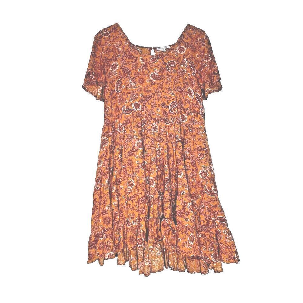 Patrons of peace dress womens orange yellow short floral bohemian sundress S